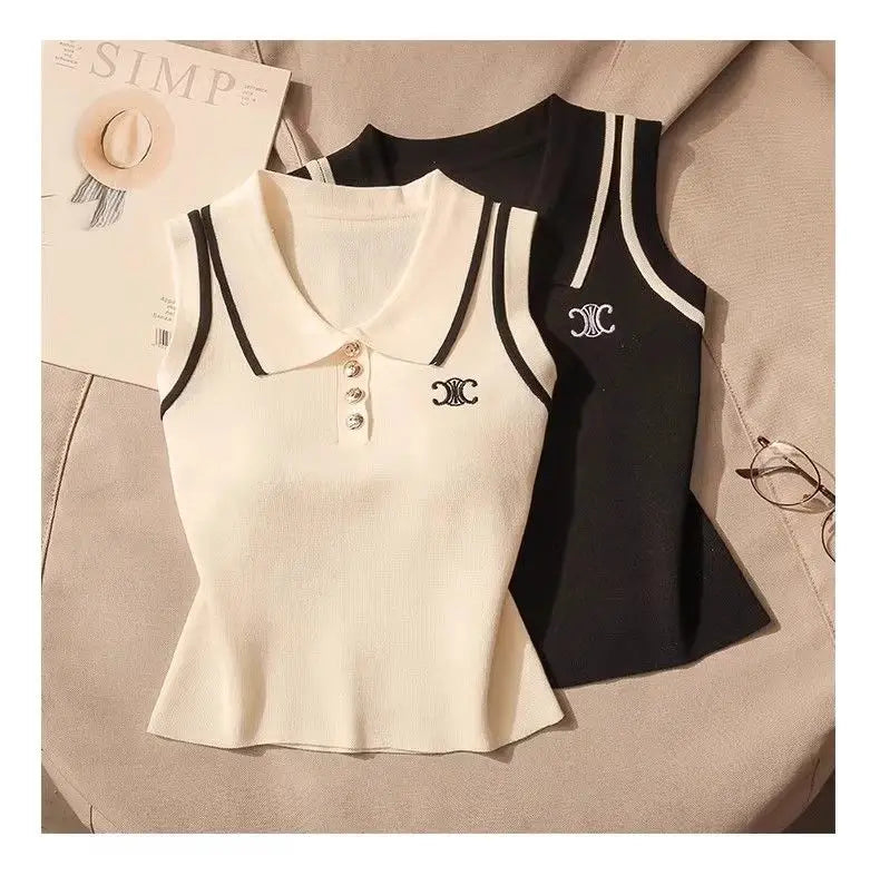 Women Summer Simplicity Office Lady Solid Color Polo Collar Knitting Tank Top Ladies Fashion All-match Trend Sleeveless Tops