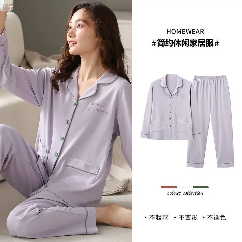 Spring Autumn Loose Long Sleeve Sleepwear Thin Home Clothes Set for Women Cotton Comfortable Home Suit Large Size Options