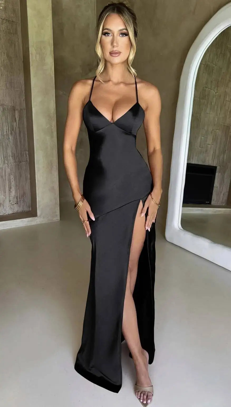 Giyu Sexy Satin Evening Night Club Party Dresses Women Summer Maxi Long Dress Backless Sleeveless Split Bodycon Gown Vestidos