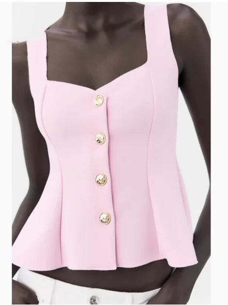 Sweet Style Women's Elastic Vest Strap Top New Summer 2025 Short Skirt Style Hem Single Button Fastening Regular Thickness