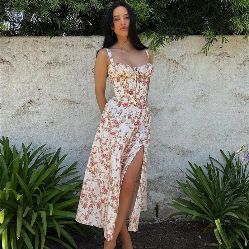 Sexy Pink Corset Midi Sun Dress Women's Lace Up Slit Dresses Female Bandage Sundress White Black Blue Yellow Red 2025 Summer New
