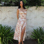 Sexy Pink Corset Midi Sun Dress Women's Lace Up Slit Dresses Female Bandage Sundress White Black Blue Yellow Red 2025 Summer New