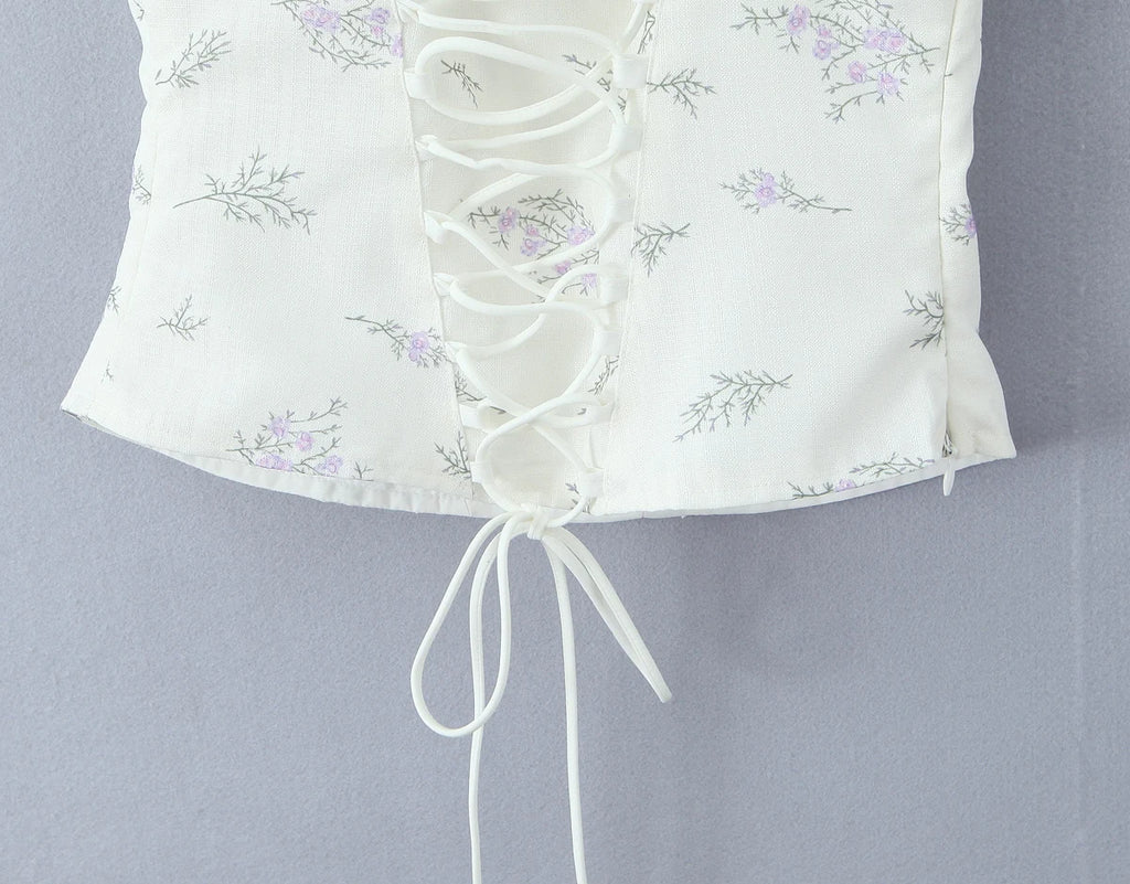 2025 Summer Sexy Floral Print Corset Camis Women Cross Lacing Up Bandage Bow Back Tank Top Slim Fit Vest Tee