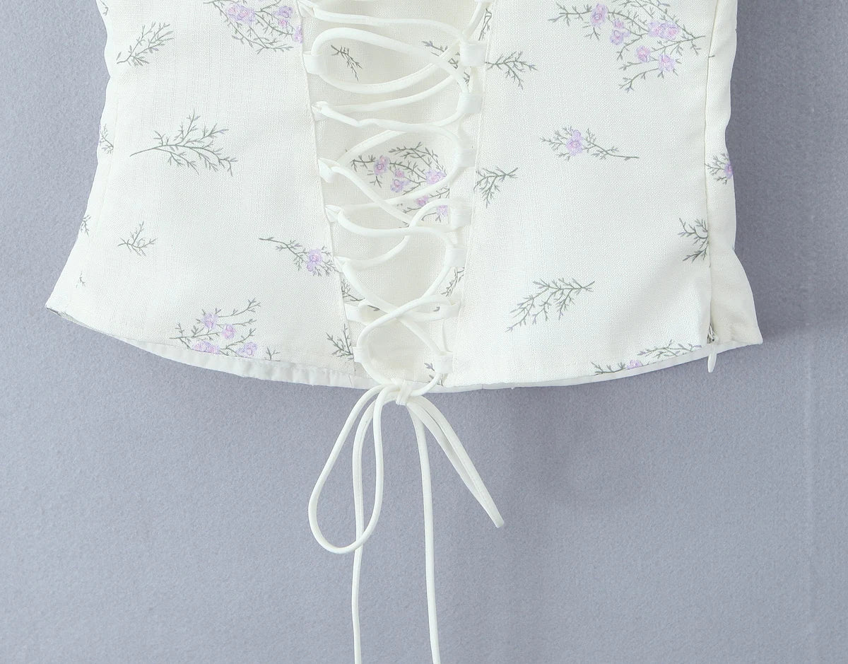2025 Summer Sexy Floral Print Corset Camis Women Cross Lacing Up Bandage Bow Back Tank Top Slim Fit Vest Tee