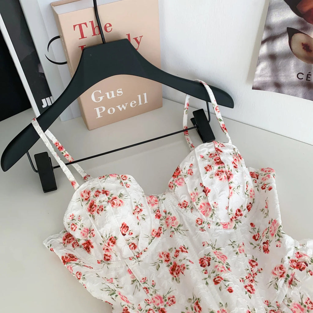 Sweet Spicy Floral Print Crop Top Women's Summer Pure Desire Versatile Bell Bottom Sleeveless Vest Belted Waist Halter Neck