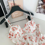 Sweet Spicy Floral Print Crop Top Women's Summer Pure Desire Versatile Bell Bottom Sleeveless Vest Belted Waist Halter Neck