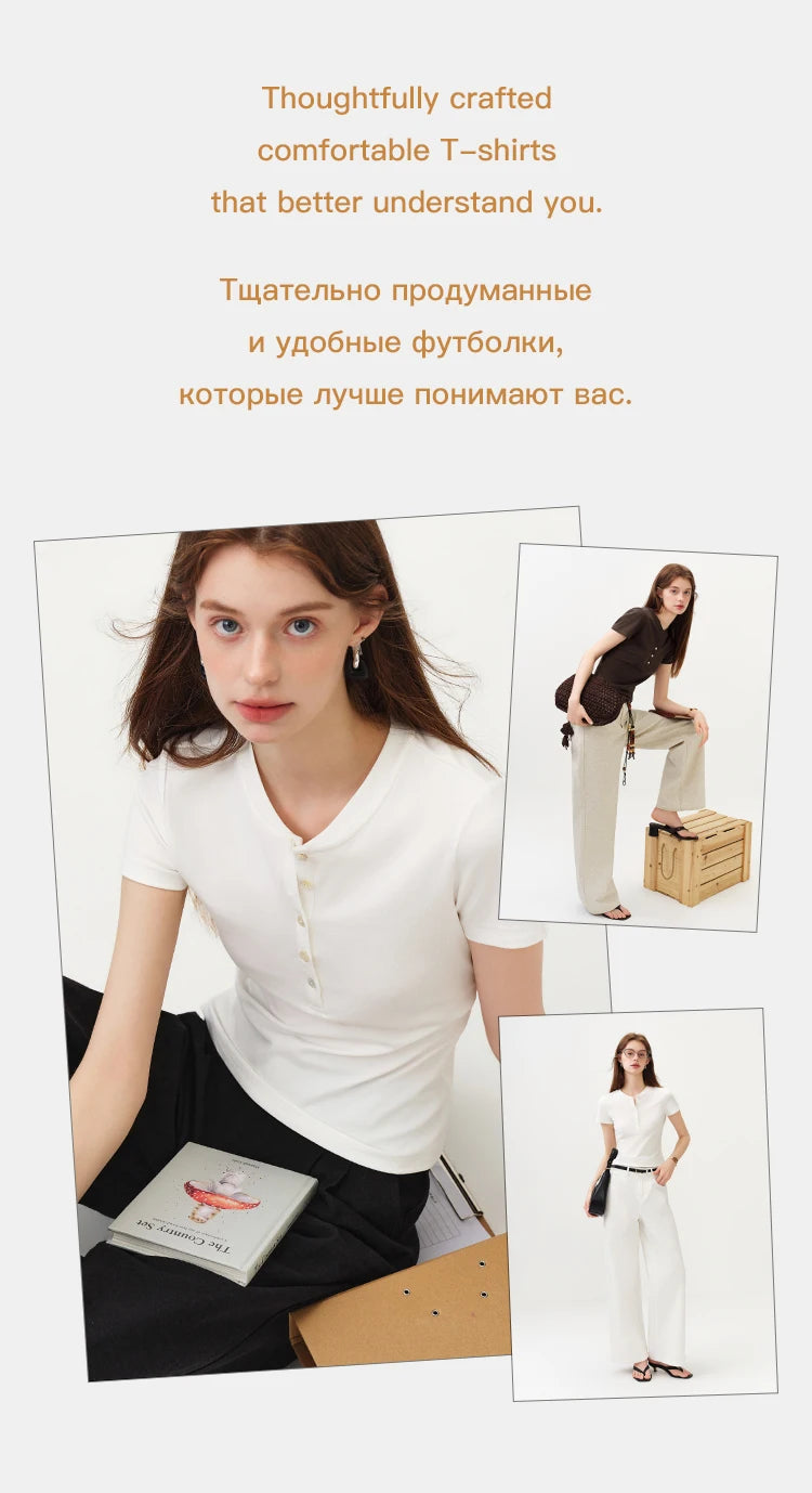 FSLE New Summer Women's Fitted Short Sleeve White T-Shirt with Buttons Soft Cotton Lyocell Office Commute Daily Versatile Top