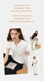 FSLE New Summer Women's Fitted Short Sleeve White T-Shirt with Buttons Soft Cotton Lyocell Office Commute Daily Versatile Top
