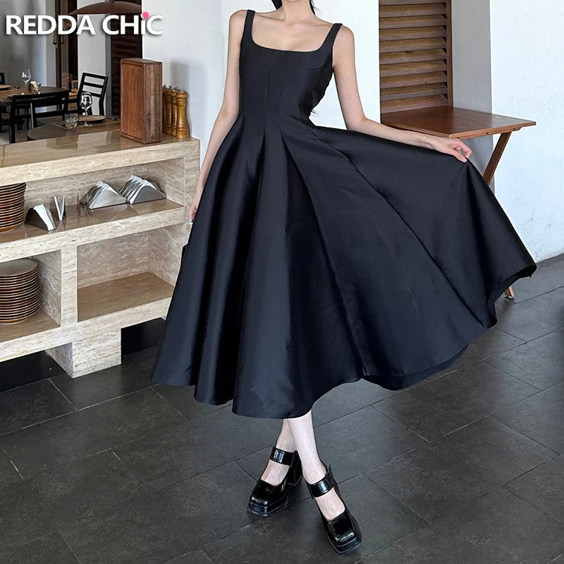 ReddaChic Simple Sleeveless Satin Dress for Women Wedding Guest Ruffled Square Neck Tank Long Dress Graduation Summer Costume