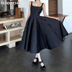 ReddaChic Simple Sleeveless Satin Dress for Women Wedding Guest Ruffled Square Neck Tank Long Dress Graduation Summer Costume