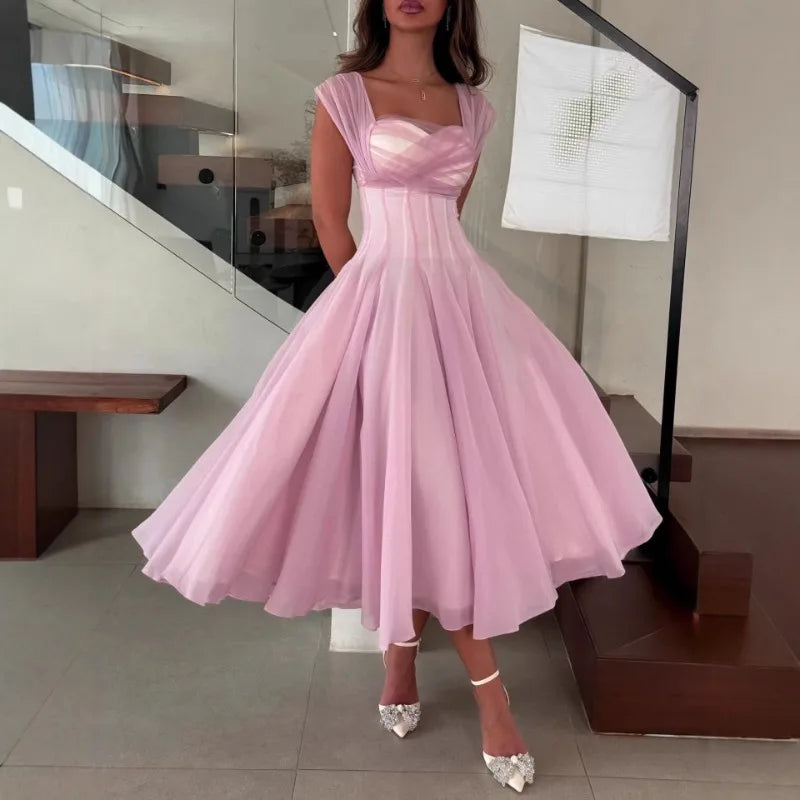 Women's Elegant Tulle Formal Dress Summer Sexy Square Neck Corset Waist A-Line Tea-Length Gown for Wedding Cocktail Party
