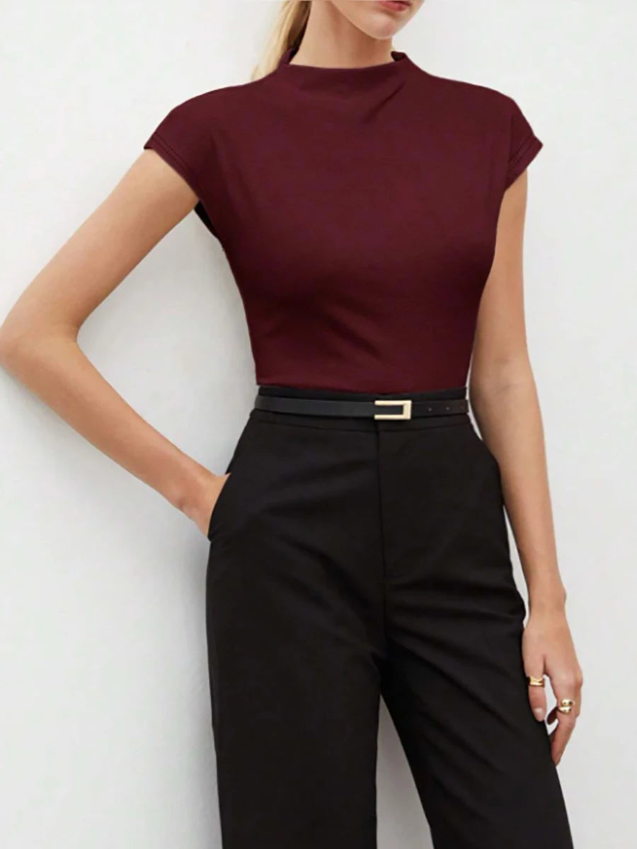Hot Mock Neck Stretchy Slim Fit Burgundy Cap Sleeve Top, Blouse for Women Office & Daily