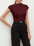 Hot Mock Neck Stretchy Slim Fit Burgundy Cap Sleeve Top, Blouse for Women Office & Daily