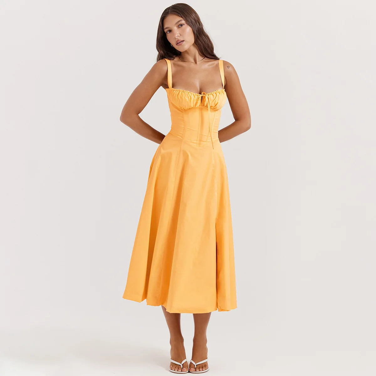 Sexy Pink Corset Midi Sun Dress Women's Lace Up Slit Dresses Female Bandage Sundress White Black Blue Yellow Red 2025 Summer New