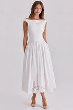 Chic Vintage White Boat Neck Dress Embroidered Cap Sleeve Cutwork Hem High Waist Flowy A-line Gown 2026 New Evening Party Outfit
