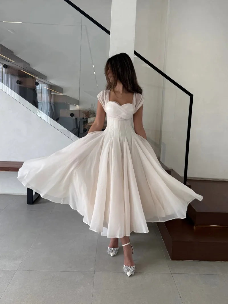 Women's Elegant Tulle Formal Dress Summer Sexy Square Neck Corset Waist A-Line Tea-Length Gown for Wedding Cocktail Party
