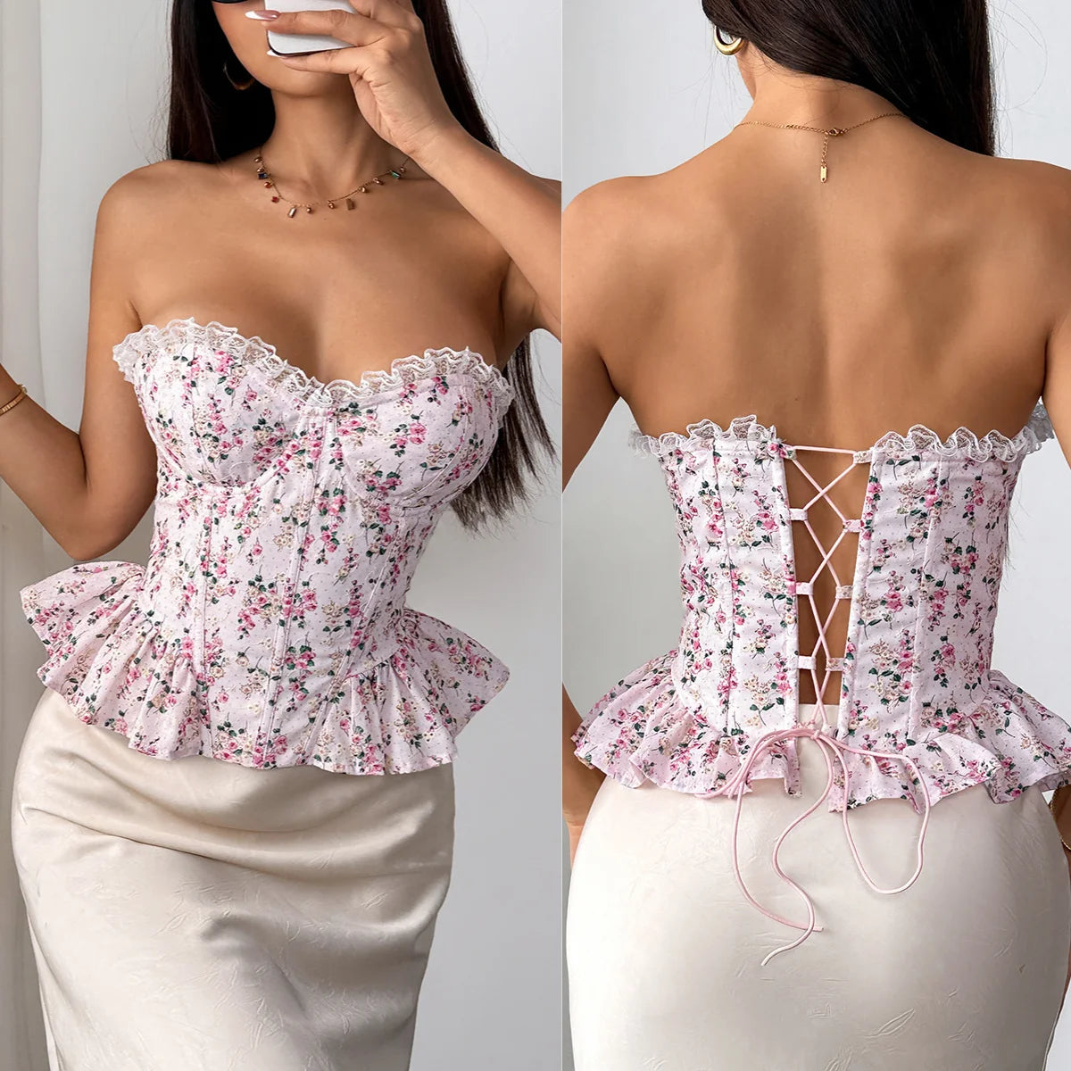 Ruffled Edges Floral Corset Women‘s Strapless Bustier FIshbone Tank Tops Sweet Girl Slim Camisole Shaper Cardigan Sexy Tube Top
