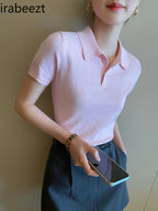 Pink Polo Knitted T-shirt Women Tops Short Sleeve Shirts 2025 New Spring Summer Shirt for Women Clothing