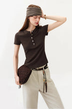 FSLE New Summer Women's Fitted Short Sleeve White T-Shirt with Buttons Soft Cotton Lyocell Office Commute Daily Versatile Top