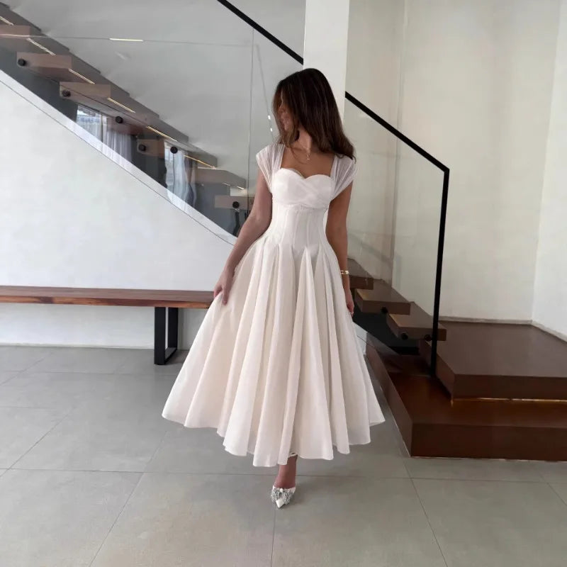 Women's Elegant Tulle Formal Dress Summer Sexy Square Neck Corset Waist A-Line Tea-Length Gown for Wedding Cocktail Party