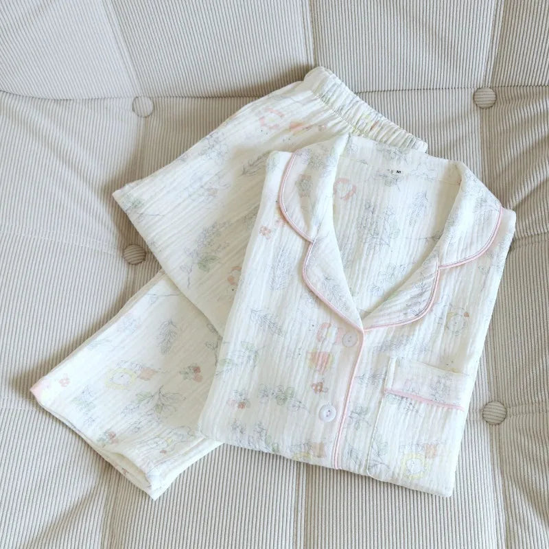 2026 Spring and Autumn New Women's Pajama Set 100% Cotton Crepe Cute Sweet Long Sleeve Long Pants Home Clothes Two Piece Set