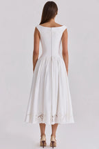Chic Vintage White Boat Neck Dress Embroidered Cap Sleeve Cutwork Hem High Waist Flowy A-line Gown 2026 New Evening Party Outfit