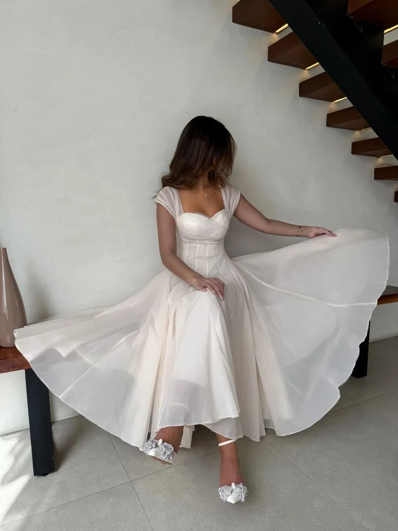 Women's Elegant Tulle Formal Dress Summer Sexy Square Neck Corset Waist A-Line Tea-Length Gown for Wedding Cocktail Party