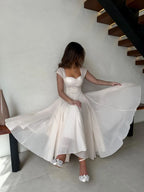 Women's Elegant Tulle Formal Dress Summer Sexy Square Neck Corset Waist A-Line Tea-Length Gown for Wedding Cocktail Party