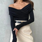 Women Off Shoulder Shirts Short Shirts Fashion Front Cross Long Sleeve Slim Fit Tops Ladies Clothing Clubwear Female Streetwear