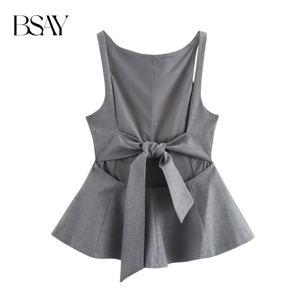 BSAY Top for Women Fashion Autumn Winter New Backless Bow Side Zip Blouse Street Clothing Vest Tank Chic Ladies Crop Tops Mujer