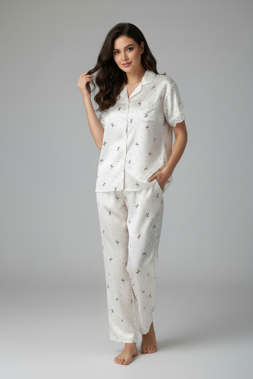 New Korean-Style Elegant Young Ladies' Pyjamas Summer New Arrival Short-Sleeved Polka Dot Bow Ice Silk Pyjama Set Homewear Set