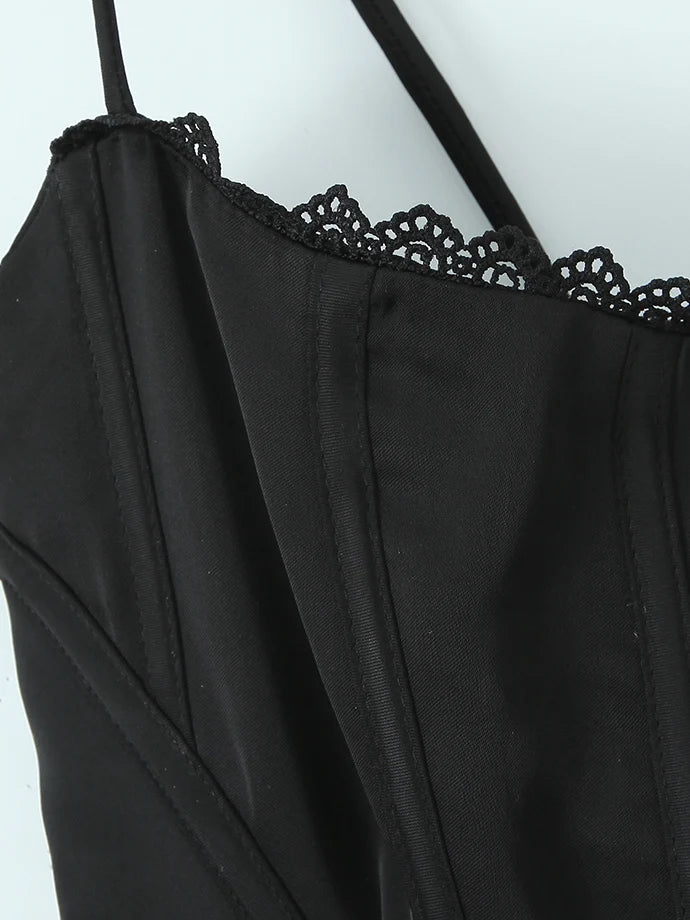 Retro Black Fishbone Tie Waist Corset Women's Sexy Lace Trim Satin Strap Vest Slim Fit Polyester Short Length  Color