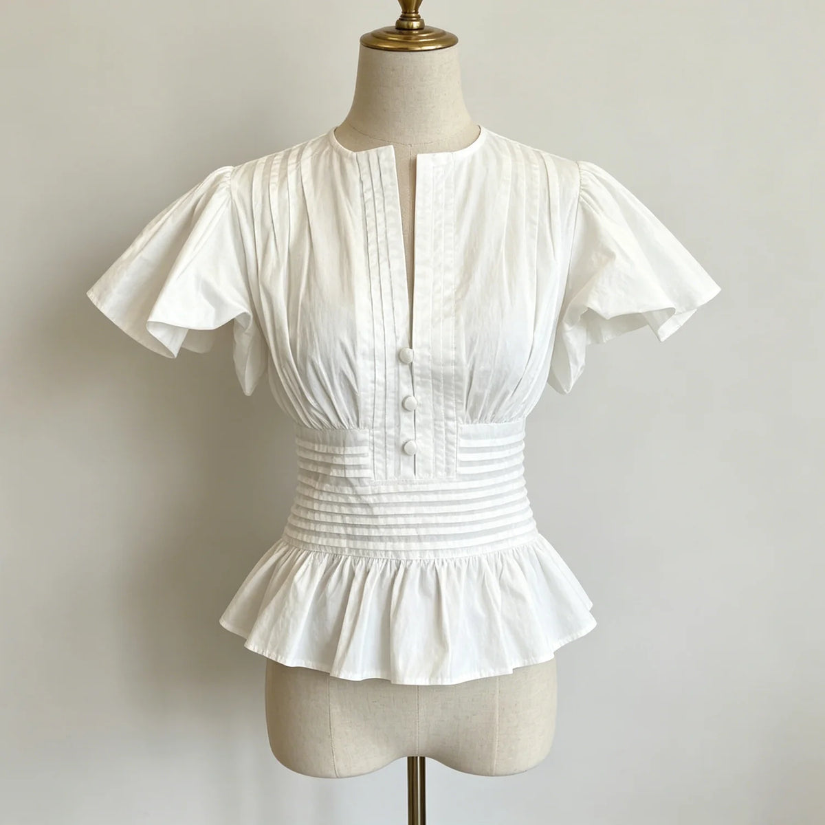 LIMO 2026 Women White Ruffle Sleeve Peplum Blouse V-Neck Elastic Waist Elegant Casual Top
