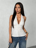 Women's Polka Dot Halter Top Sleeveless Deep V Neck Backless Tie Back Peplum Camisole for Summer