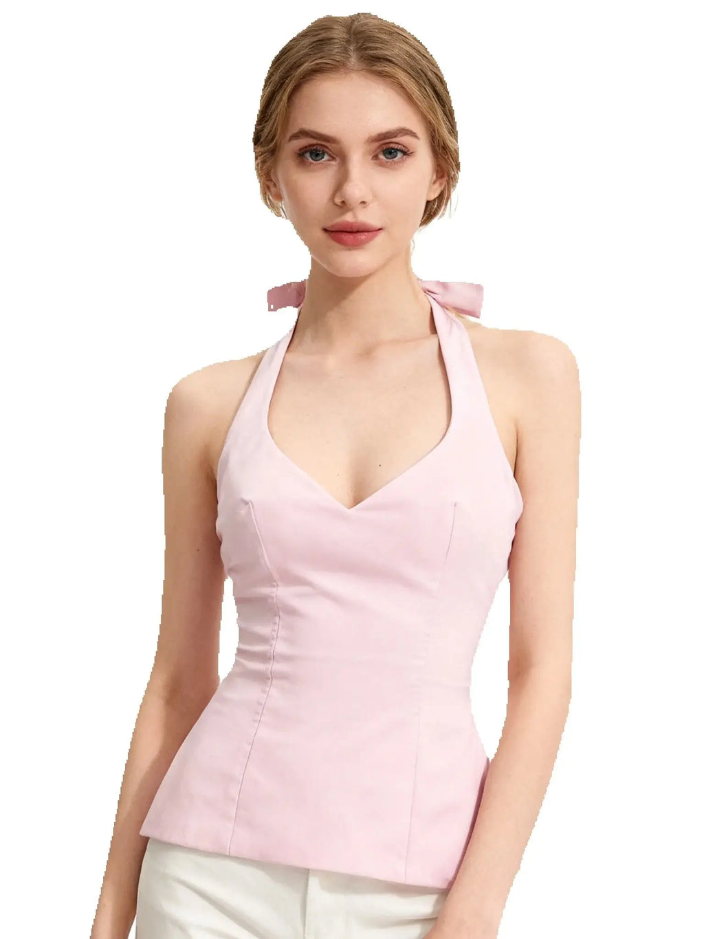 Chu Sau beauty Women New Fashion Sweet Bow Chic Sleeveless Small Tops Vintage Halter V-Neck Sexy Backless Tank Top