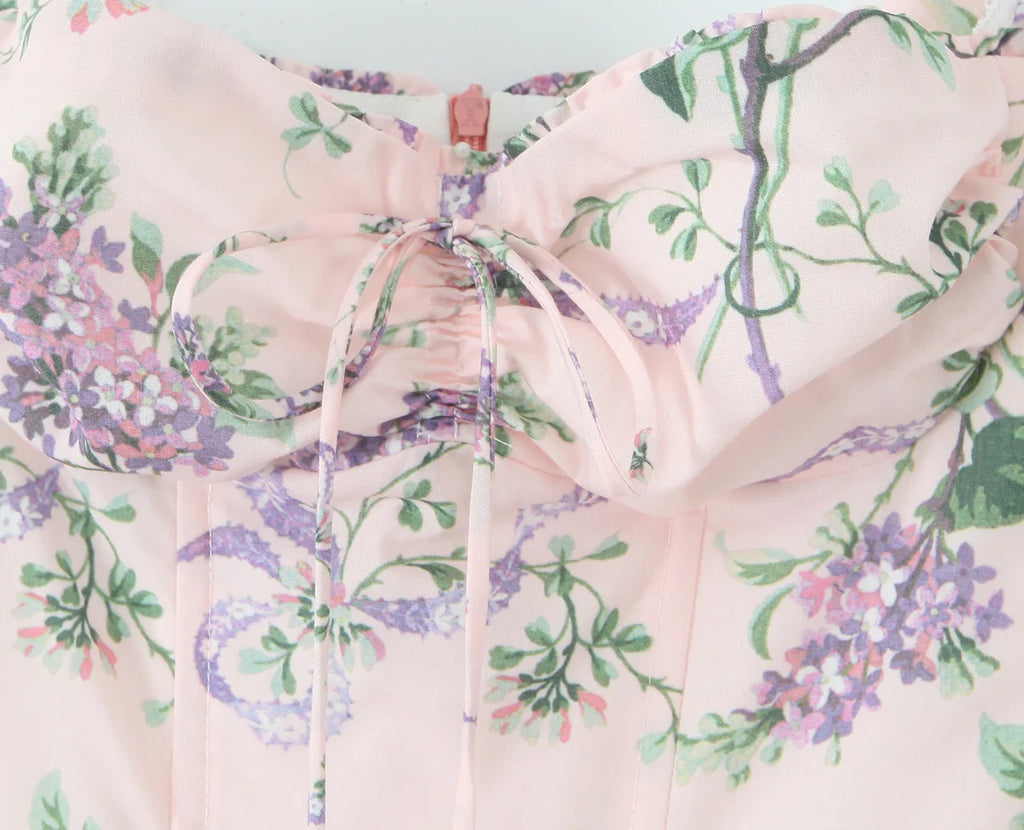 2025 Romantic Pink Floral Print Bow Ruched Bra Chest Sling Dress Women Low Waist Fold Swing Lace Lining Midi Long Dresses Robe