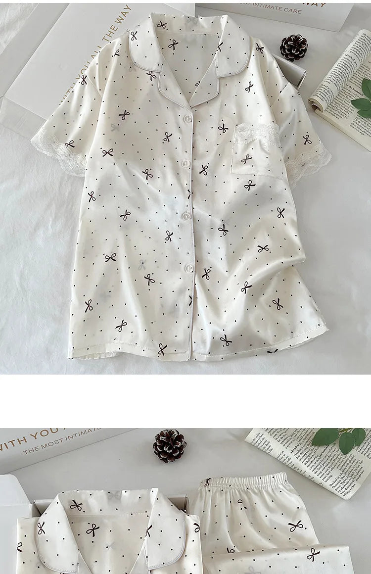 New Korean-Style Elegant Young Ladies' Pyjamas Summer New Arrival Short-Sleeved Polka Dot Bow Ice Silk Pyjama Set Homewear Set