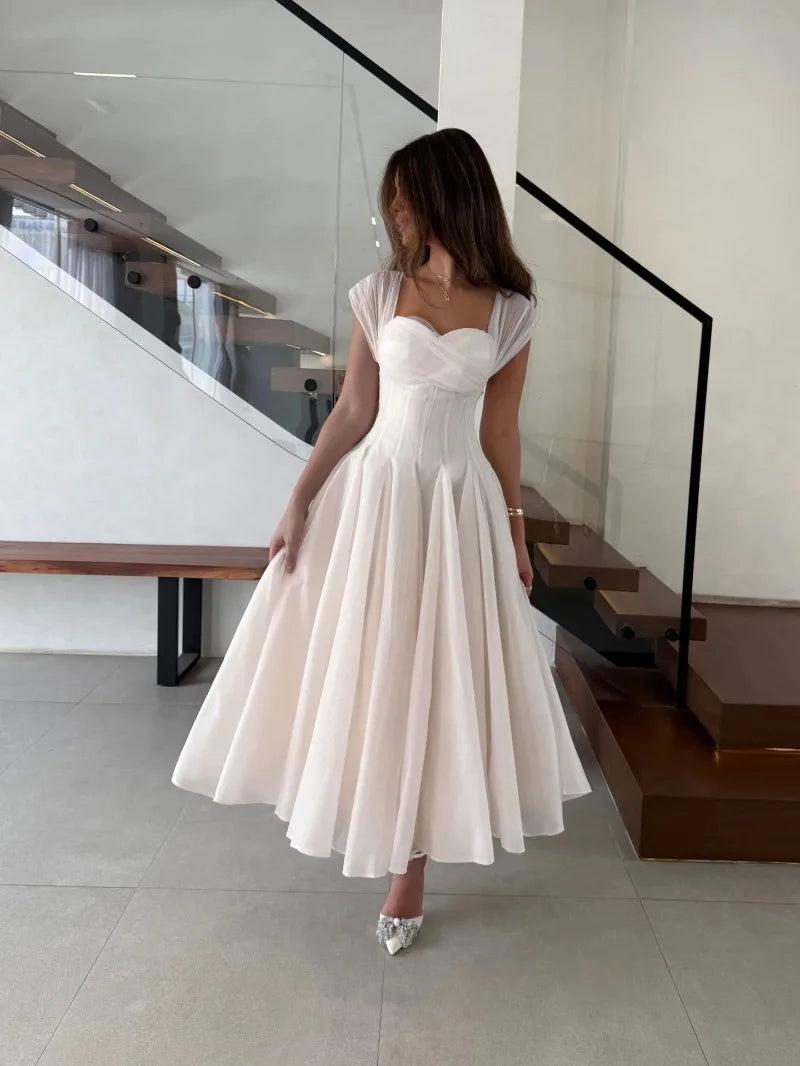 Women's Elegant Tulle Formal Dress Summer Sexy Square Neck Corset Waist A-Line Tea-Length Gown for Wedding Cocktail Party