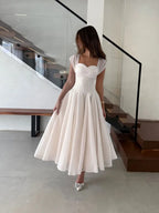 Women's Elegant Tulle Formal Dress Summer Sexy Square Neck Corset Waist A-Line Tea-Length Gown for Wedding Cocktail Party