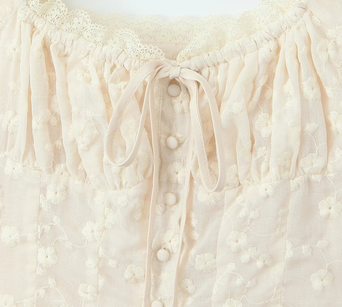 2024 Apricot Spliced Lace Bow Ruched Chest Embroidery Sexy Corset Women Summer Tank Tops Pleated Slim Through Buttons Crop Top