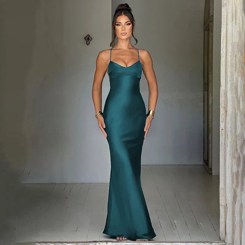 New Fashion Backless Women's Evening Dresses Slash Neck Spaghetti Strap Satin Dress Spring and Summer High Waist Slim Lady Dress