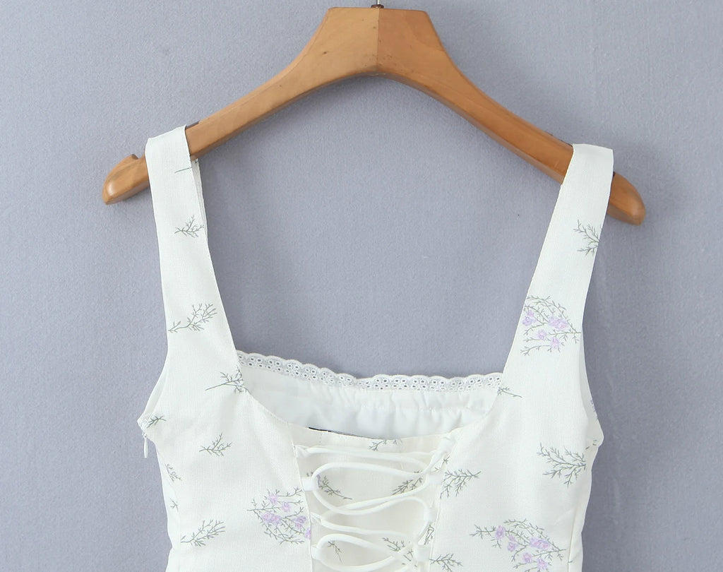 2025 Summer Sexy Floral Print Corset Camis Women Cross Lacing Up Bandage Bow Back Tank Top Slim Fit Vest Tee