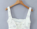 2025 Summer Sexy Floral Print Corset Camis Women Cross Lacing Up Bandage Bow Back Tank Top Slim Fit Vest Tee