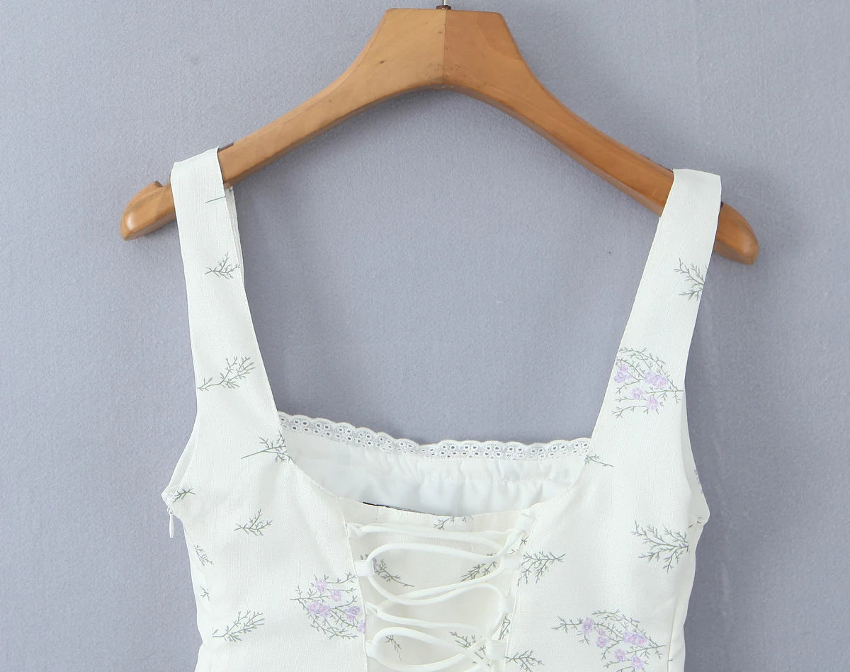 2025 Summer Sexy Floral Print Corset Camis Women Cross Lacing Up Bandage Bow Back Tank Top Slim Fit Vest Tee
