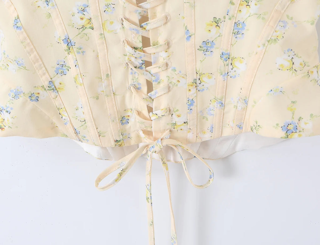 Summer Sexy Corset Yellow Floral Print Tie Bow Strap Camis Women Cross Lacing Up Bandage Bow Back Tank Top Slim Fit Vest Tee