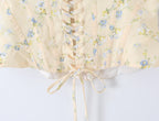 Summer Sexy Corset Yellow Floral Print Tie Bow Strap Camis Women Cross Lacing Up Bandage Bow Back Tank Top Slim Fit Vest Tee