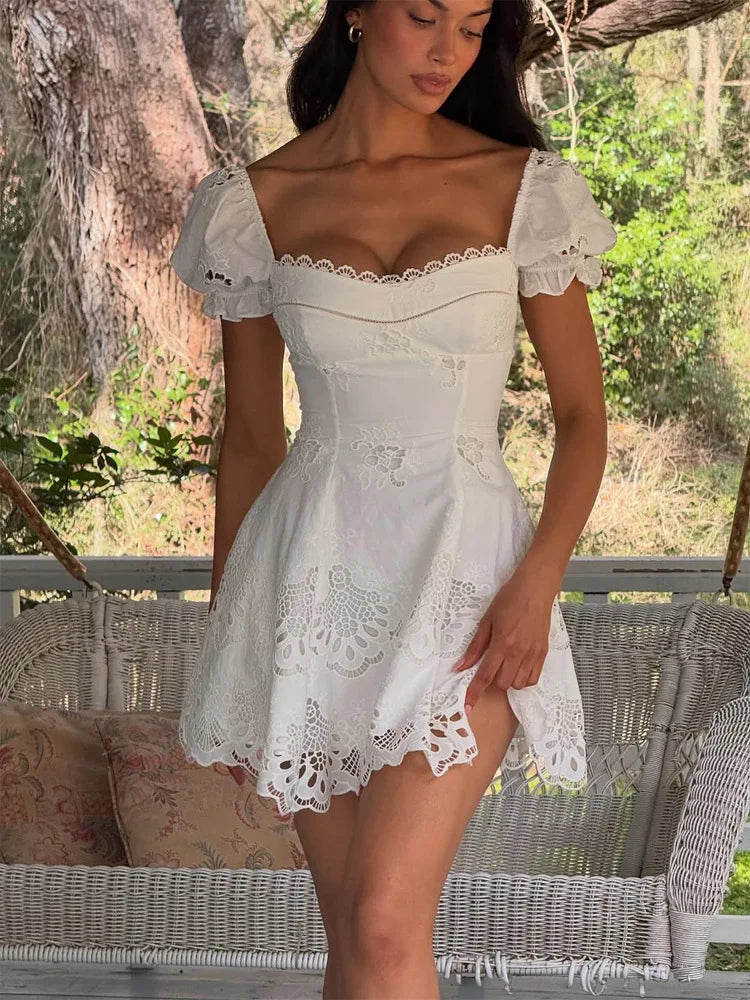 Lace Hollow Mini White Dress Chic Women's Bubble Sleeve Square Neck A-line Pleated Dress 2026 Women's Holiday Beach Robe