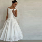 Chic Vintage White Boat Neck Dress Embroidered Cap Sleeve Cutwork Hem High Waist Flowy A-line Gown 2026 New Evening Party Outfit