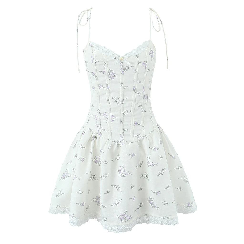 Sweet Girl Lace Spliced Floral Print Sexy Spaghetti Straps Dress Women V Neck Low Waist A-line Mini Summer Dresses Party Vestido