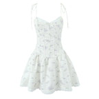 Sweet Girl Lace Spliced Floral Print Sexy Spaghetti Straps Dress Women V Neck Low Waist A-line Mini Summer Dresses Party Vestido